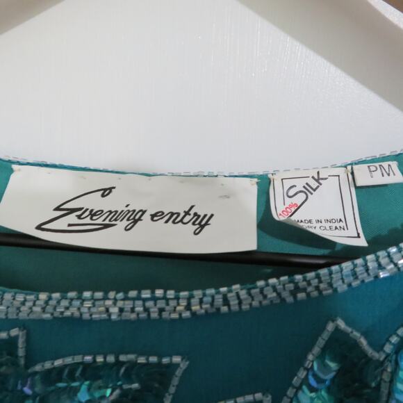 Evening Entry Womens Sz M Teal Vintage 100% Silk Beaded Sequin Top Formal Blouse - Picture 6 of 6